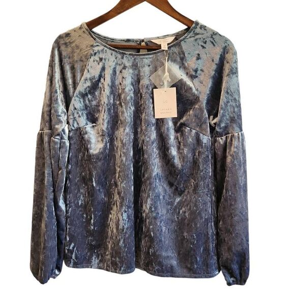 LC Lauren Conrad Crushed Blue Velvet Puff Sleeve Top Size Medium - Picture 1 of 4